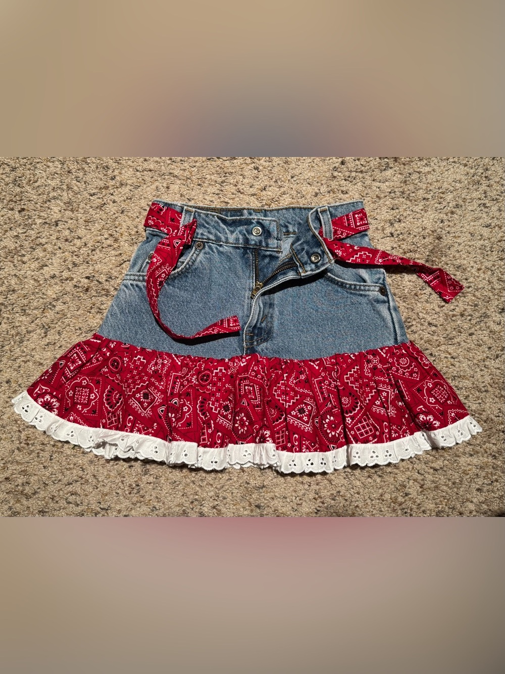 Levi’s | Kids Custom Vintage Denim Mini Skirt with Red Bandana Ruffle - Picture 2 of 5